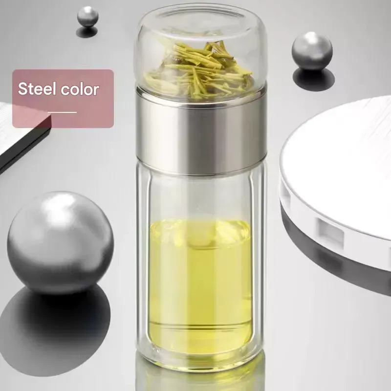 Tea-Infusing Glass Cup with Separate Compartment  Double-Walled Insulated Travel Tumbler