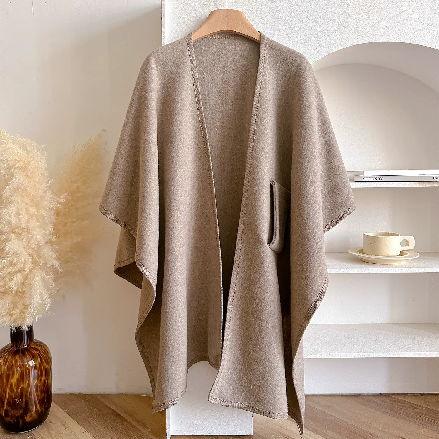 Solid Color Shawl Cape Scarf  New Arrival Rich Aesthetic Wool Blend Cardigan Coat