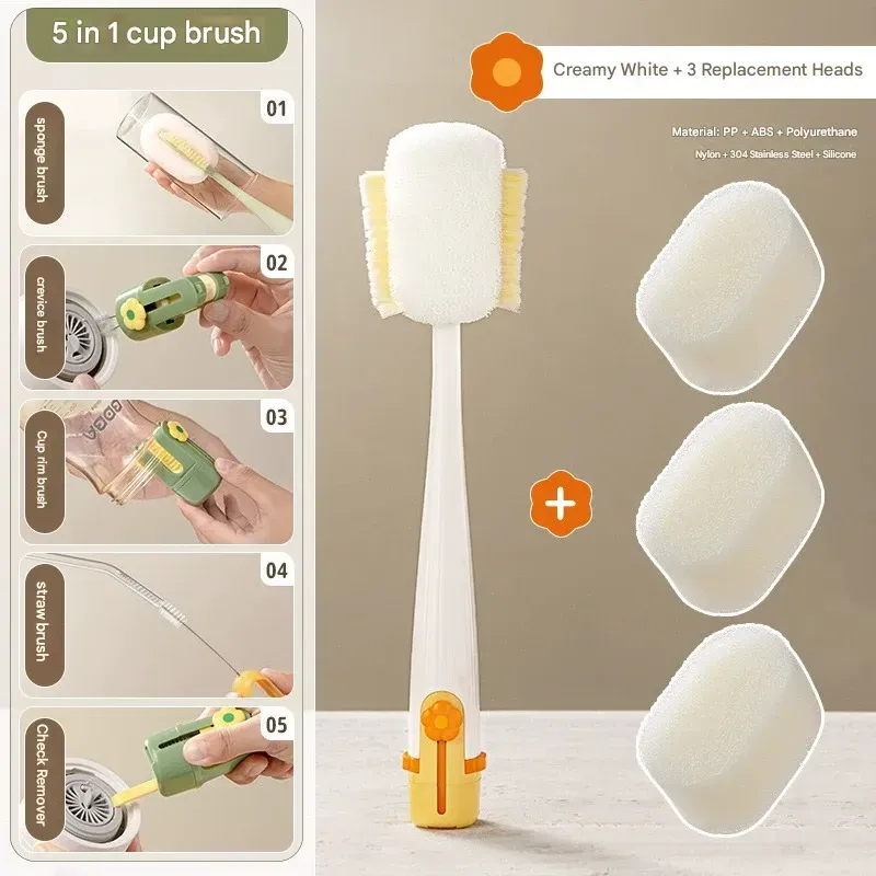 Water Bottle Cleaning Gadget, Long-Handle Multi-Function 5-in-1 Insulated Cup & Baby Bottle Cleaning Brush