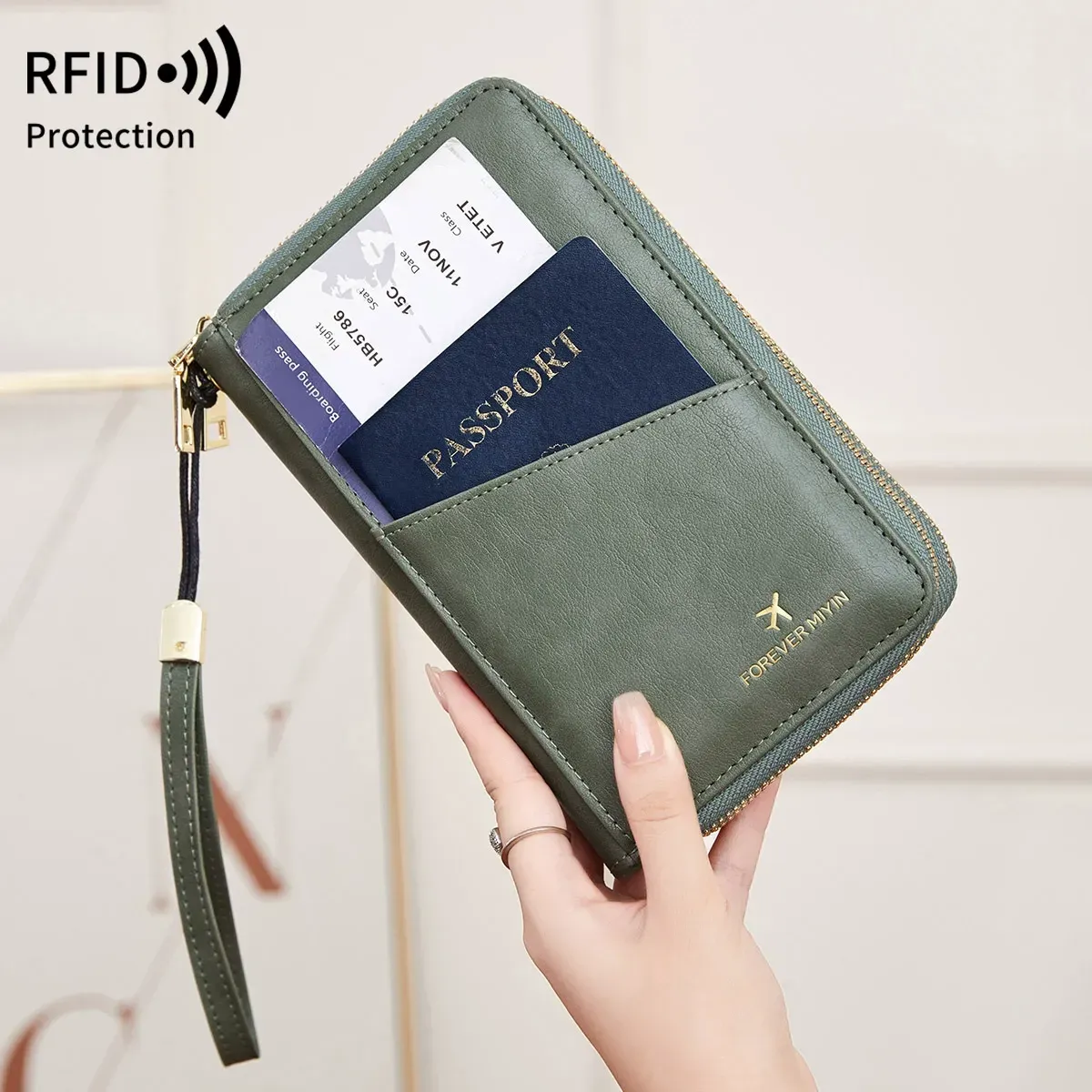 New RFID Anti-Theft Passport Wallet - Multi-Function Document Organizer with Long Double-Zipper Crossbody Design.
