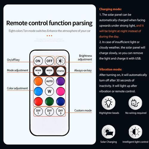 Solar Car Roof RGB Strobe Light with Remote Control, Wireless LED Strobe Lights with 8 Colors, Waterproof, No Drilling, For Motorcycle, Vehicle, Truck Use, Improve Nighttime Driving Visibility