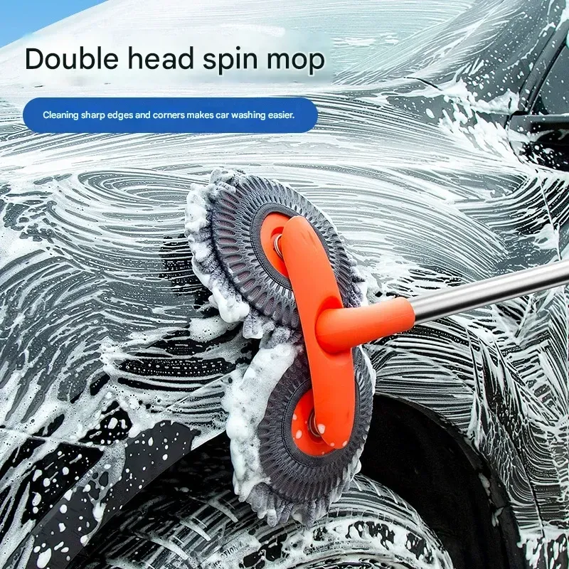 Car Washing Mop with Rotating and Telescoping Handle, Soft Bristle Brush, Long Handle, Dual-Head Car Cleaning Mop