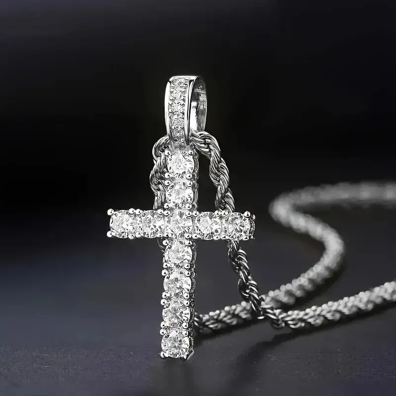 Hip Hop Cross Cubic Zirconia Necklaces for Men Christian Cross Pendant Necklace 18-24 Inches Chain - Religious Jewelry Gift