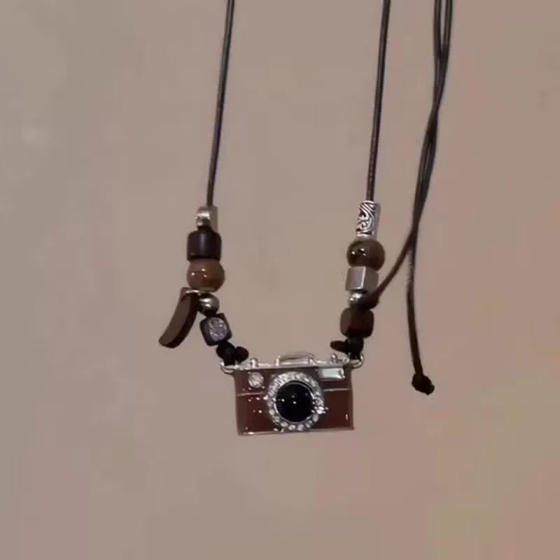 Vintage Brown Camera Pearl Necklace — Luxury Minimalist Design, Versatile and Unique Statement Layering Necklace