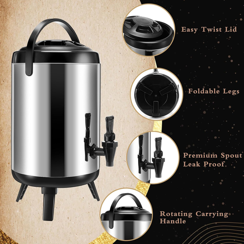 Dispensador Térmico de Bebidas em Aço Inoxidável – Para Água Quente, Café, Chá e Leite – Com Torneira de Bomba – Ideal para Festas (8 L)