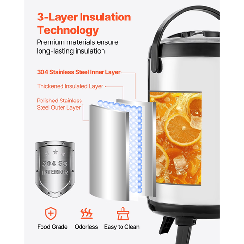 Dispensador Térmico de Bebidas em Aço Inoxidável – Para Água Quente, Café, Chá e Leite – Com Torneira de Bomba – Ideal para Festas (8 L)