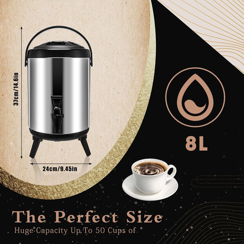 Dispensador Térmico de Bebidas em Aço Inoxidável – Para Água Quente, Café, Chá e Leite – Com Torneira de Bomba – Ideal para Festas (8 L)