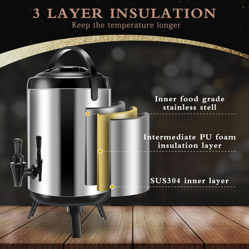 Dispensador Térmico de Bebidas em Aço Inoxidável – Para Água Quente, Café, Chá e Leite – Com Torneira de Bomba – Ideal para Festas (8 L)