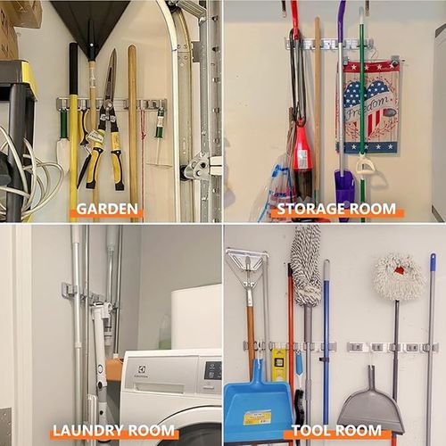 5 Grips Mop Broom Holder Wall Mount, SUS304 Stainless Steel Mop Rack with Hooks, No Drill Cleaning Tool Organizer for Bathroom Garage