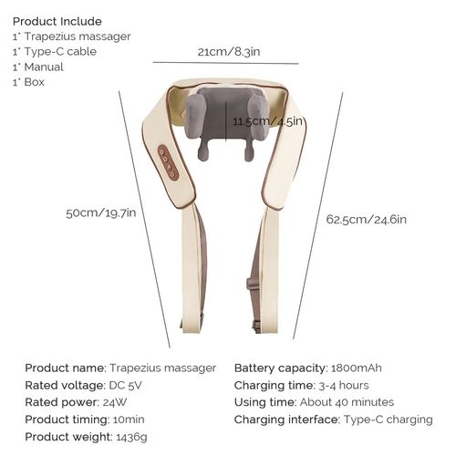 Rechargeable Neck Shoulder Trapezius Massager, Electric Deep Tissue Kneading Massager for Pain Relief