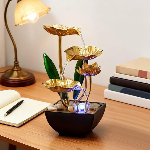 Golden Lotus Tabletop Water Fountain, Indoor Circulating Flowing Water Ornament with LED Light