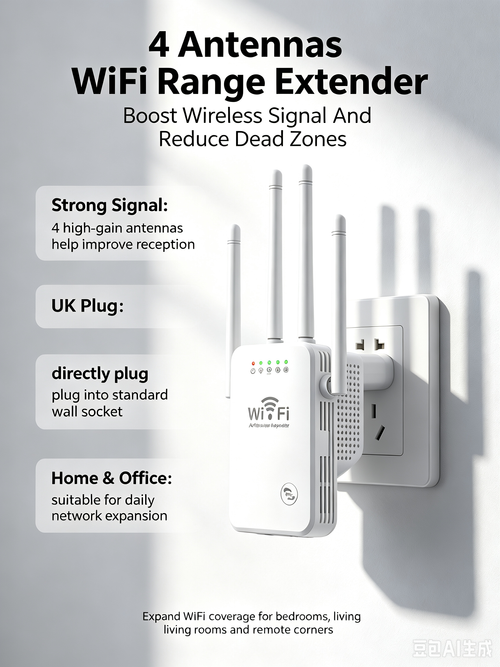 4 Antennas WiFi Range Extender UK Plug, Wireless Signal Booster Repeater, Support AP/Router Mode for Home Network