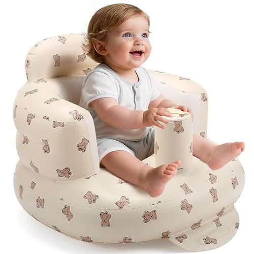 Inflatable Baby Learning Seat, Cute Bear Print Anti-Tipping Baby Sit Up Chair with Cup Holder, Portable Waterproof Baby Support Sofa for Feeding & Playing