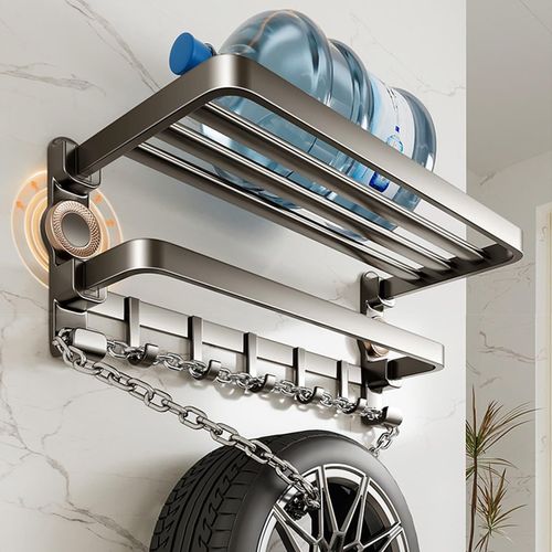 No Drill Bathroom Towel Rack, Gun Grey Aluminum Double Layer Wall Shelf with Hooks, Bathroom Storage Rack for Washroom, Shower Room, Toilet and Bath Towel Hanging, COD Free Shipping, Pay on Delivery