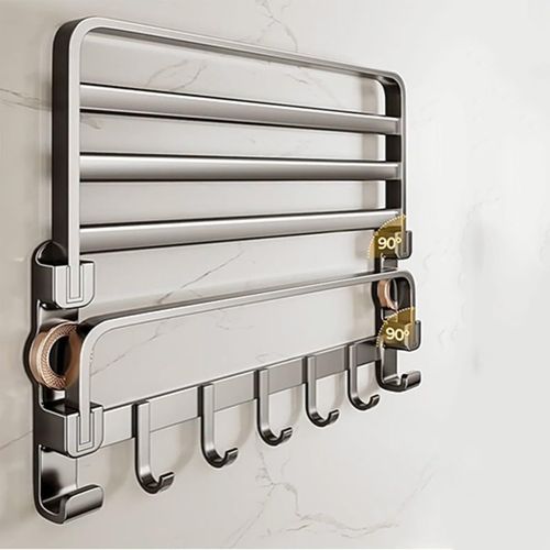 No Drill Bathroom Towel Rack, Gun Grey Aluminum Double Layer Wall Shelf with Hooks, Bathroom Storage Rack for Washroom, Shower Room, Toilet and Bath Towel Hanging, COD Free Shipping, Pay on Delivery
