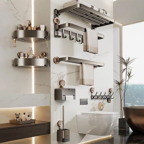 No Drill Bathroom Towel Rack, Gun Grey Aluminum Double Layer Wall Shelf with Hooks, Bathroom Storage Rack for Washroom, Shower Room, Toilet and Bath Towel Hanging, COD Free Shipping, Pay on Delivery