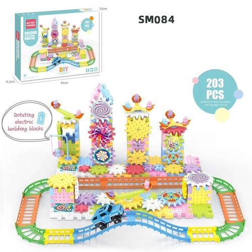 Electric Gear Building Blocks, DIY Educational STEM Construction Toy with Race Track, Kids Creative Assembly Blocks