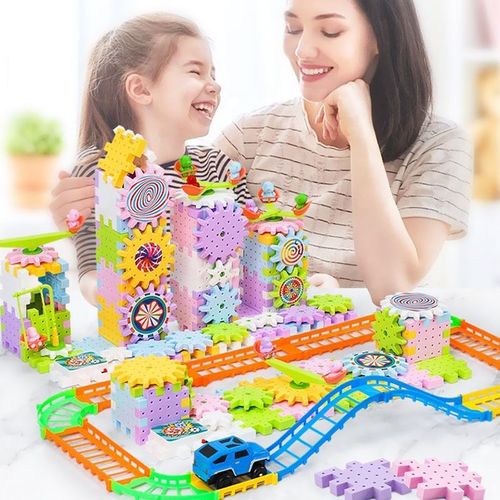 Electric Gear Building Blocks, DIY Educational STEM Construction Toy with Race Track, Kids Creative Assembly Blocks