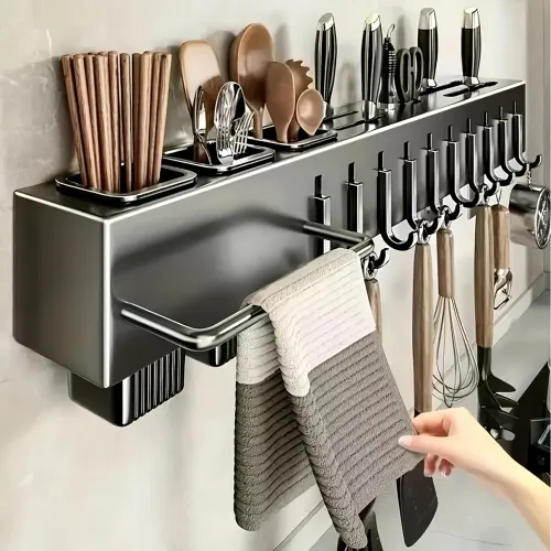 kitchen utensil rack, wall mounted knife holder, drill free kitchen storage rack, kitchen hook rack, cookware organizer