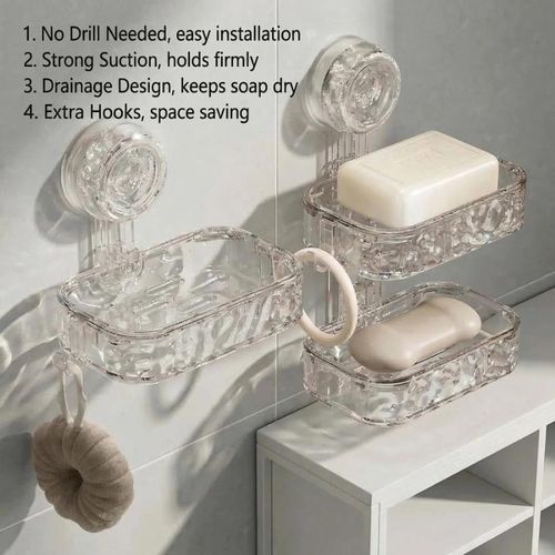 No Drill Double Layer Suction Soap Holder, Wall Mount Draining Soap Dish For Bathroom Kitchen