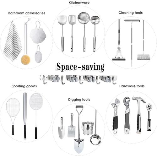 5 Grips Mop Broom Holder Wall Mount, SUS304 Stainless Steel Mop Rack with Hooks, No Drill Cleaning Tool Organizer for Bathroom Garage