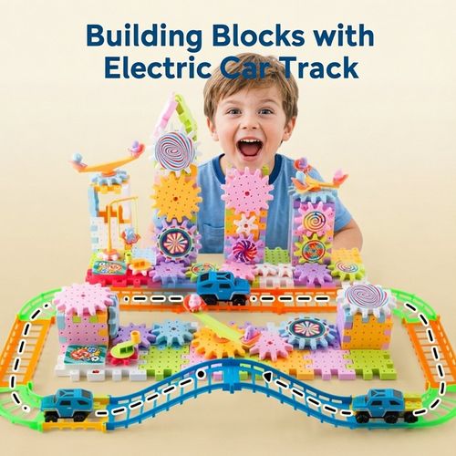 Electric Gear Building Blocks, DIY Educational STEM Construction Toy with Race Track, Kids Creative Assembly Blocks