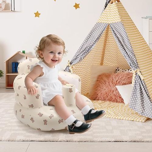 Inflatable Baby Learning Seat, Cute Bear Print Anti-Tipping Baby Sit Up Chair with Cup Holder, Portable Waterproof Baby Support Sofa for Feeding & Playing