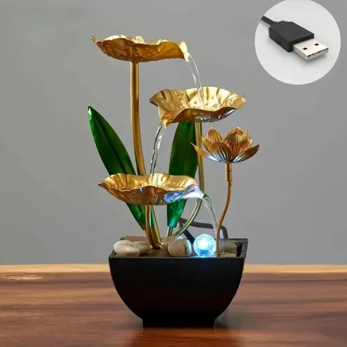 Golden Lotus Tabletop Water Fountain, Indoor Circulating Flowing Water Ornament with LED Light