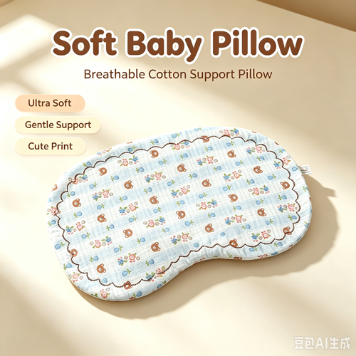 Muslin Cotton Baby Pillow Pad, Cute Cartoon Printed Breathable Infant Head Support Cushion for Crib Stroller
