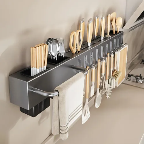 kitchen utensil rack, wall mounted knife holder, drill free kitchen storage rack, kitchen hook rack, cookware organizer