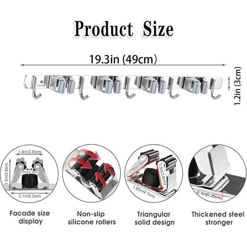 5 Grips Mop Broom Holder Wall Mount, SUS304 Stainless Steel Mop Rack with Hooks, No Drill Cleaning Tool Organizer for Bathroom Garage
