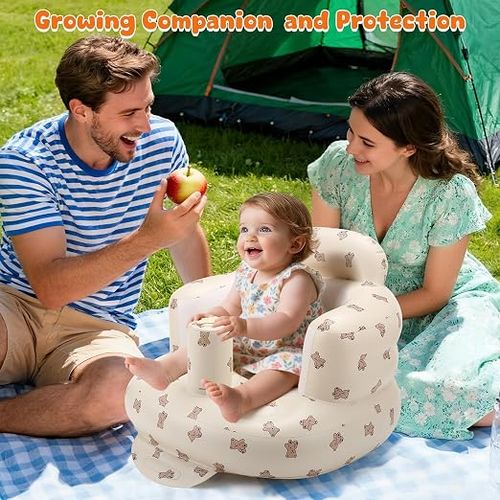Inflatable Baby Learning Seat, Cute Bear Print Anti-Tipping Baby Sit Up Chair with Cup Holder, Portable Waterproof Baby Support Sofa for Feeding & Playing