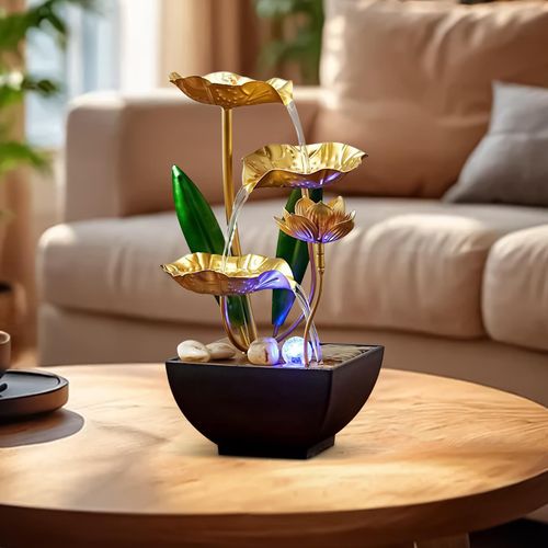 Golden Lotus Tabletop Water Fountain, Indoor Circulating Flowing Water Ornament with LED Light