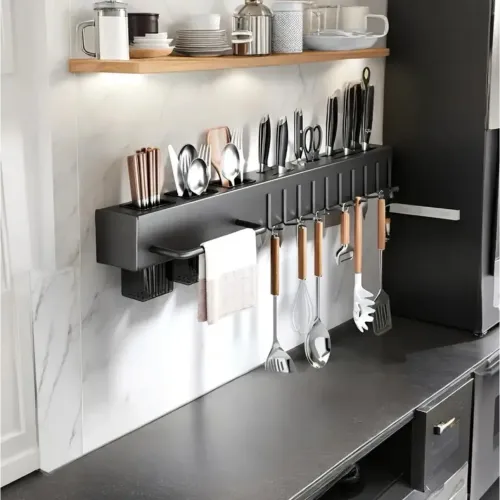 kitchen utensil rack, wall mounted knife holder, drill free kitchen storage rack, kitchen hook rack, cookware organizer