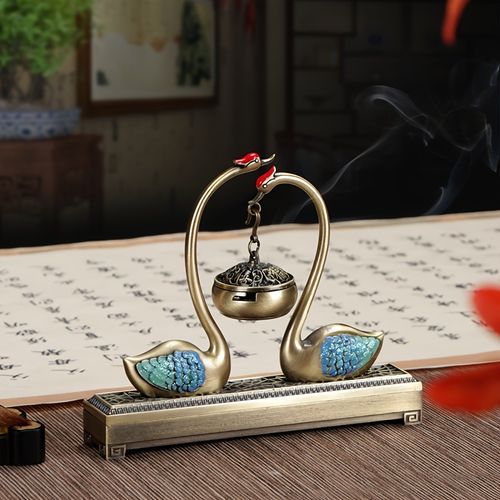 Double Swan Hanging Incense Burner, Vintage Metal Hanging Censer Home Decor Ornament