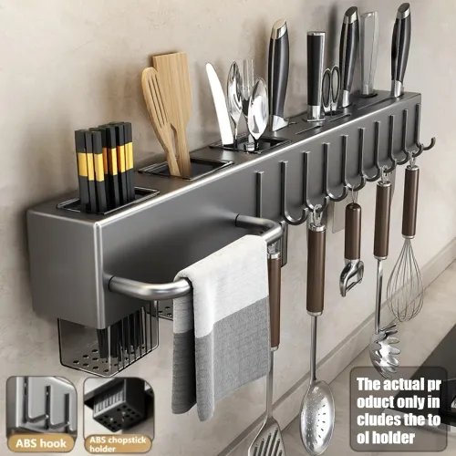 kitchen utensil rack, wall mounted knife holder, drill free kitchen storage rack, kitchen hook rack, cookware organizer