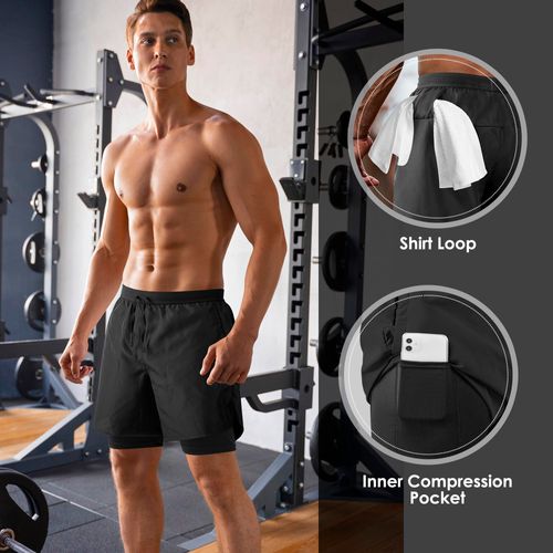 Men's 2-in-1 Running Shorts Quick Dry Gym Sports Shorts with Pocket, Breathable Double Layer Summer Shorts for Fitness, Jogging, Training, Outdoor Sports, 2XL, COD Free Shipping, Pay on Delivery