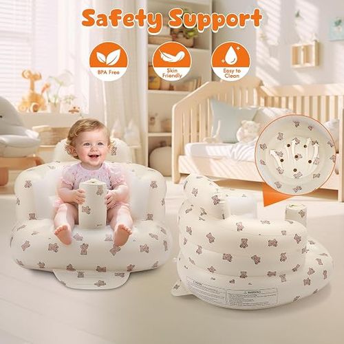 Inflatable Baby Learning Seat, Cute Bear Print Anti-Tipping Baby Sit Up Chair with Cup Holder, Portable Waterproof Baby Support Sofa for Feeding & Playing
