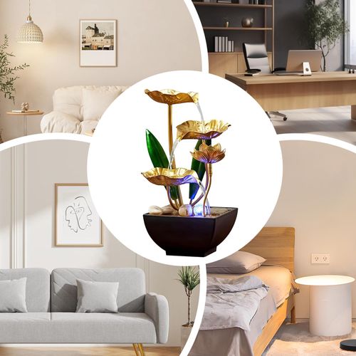 Golden Lotus Tabletop Water Fountain, Indoor Circulating Flowing Water Ornament with LED Light