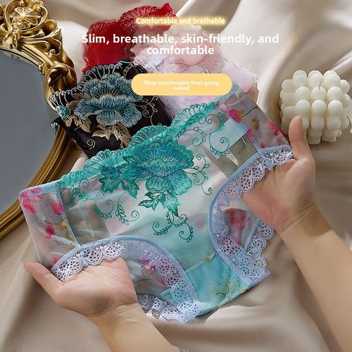 Women Floral Lace Panties, Mid Rise Sheer Mesh Underwear, Soft Breathable Embroidery Ladies Briefs