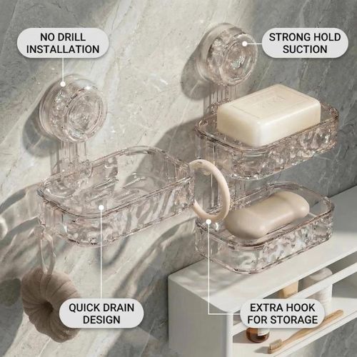 No Drill Double Layer Suction Soap Holder, Wall Mount Draining Soap Dish For Bathroom Kitchen