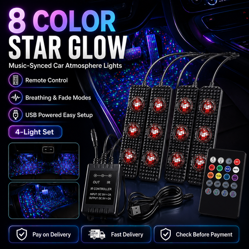 Car Interior LED Footwell Lights 64 Color USB 5V Ambient Floor Lamp, 4PCS car under dash atmosphere light with app control, remote control, music sound sensor, suitable for car footwell, seats, dashboard, night driving decoration, COD Free Shipping, Pay on Delivery