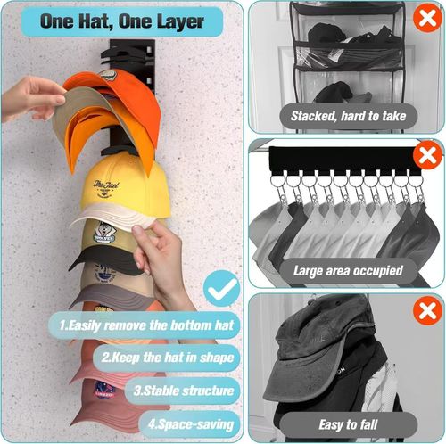 Wall Mount Hat Organizer, Dual Hanging Baseball Cap Holder for Closet Door Storage