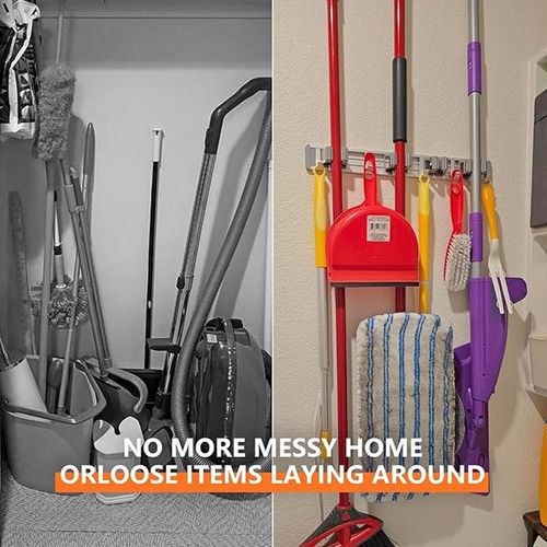5 Grips Mop Broom Holder Wall Mount, SUS304 Stainless Steel Mop Rack with Hooks, No Drill Cleaning Tool Organizer for Bathroom Garage