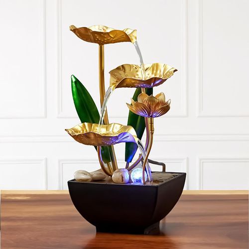 Golden Lotus Tabletop Water Fountain, Indoor Circulating Flowing Water Ornament with LED Light