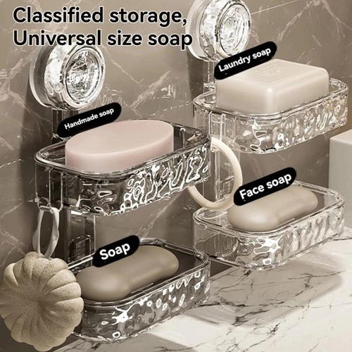 No Drill Double Layer Suction Soap Holder, Wall Mount Draining Soap Dish For Bathroom Kitchen