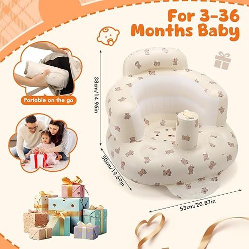 Inflatable Baby Learning Seat, Cute Bear Print Anti-Tipping Baby Sit Up Chair with Cup Holder, Portable Waterproof Baby Support Sofa for Feeding & Playing