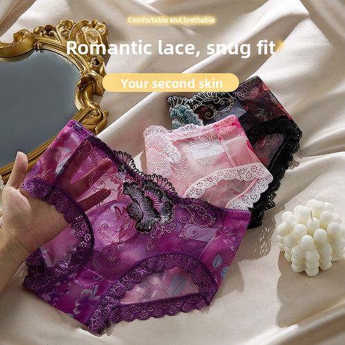 Women Floral Lace Panties, Mid Rise Sheer Mesh Underwear, Soft Breathable Embroidery Ladies Briefs