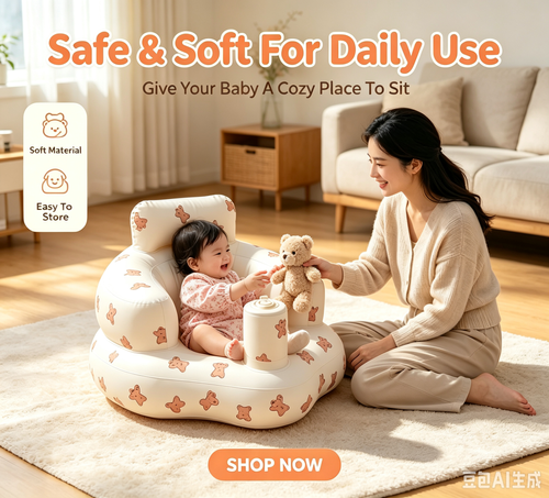 Inflatable Baby Learning Seat, Cute Bear Print Anti-Tipping Baby Sit Up Chair with Cup Holder, Portable Waterproof Baby Support Sofa for Feeding & Playing