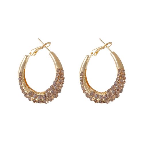 Gold-Tone Double-Row Champagne-Brown Rhinestone Hoop Earrings: Luxe Sparkling Statement Hoops